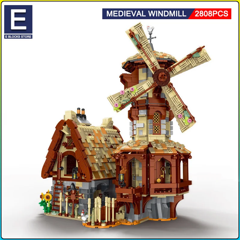 Moc medieval flor árvore moinho de vento casa blocos de construção