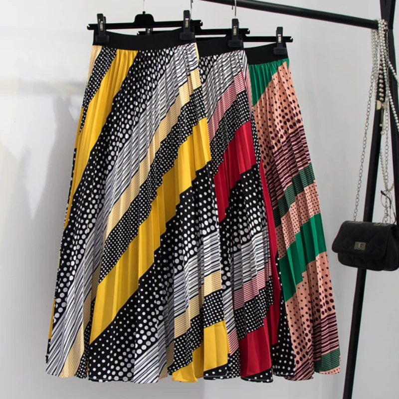 Faldas largas plisadas diseño de rayas, faldas largas plisadas con cintura y diseño de lunares, de primavera - AliExpress Ropa mujer