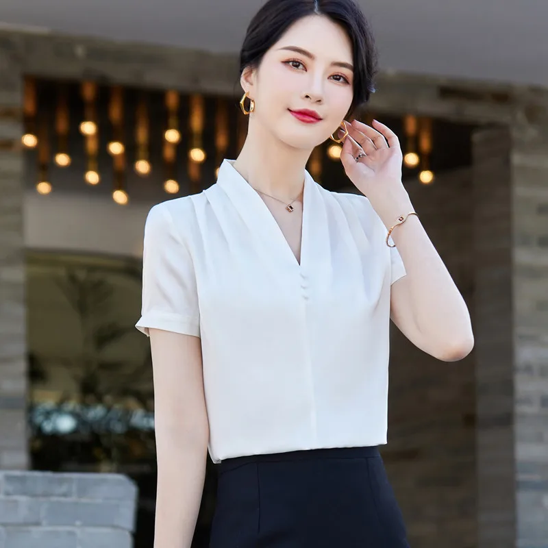 Office Wear Shirts Vrouwen Satin V Neck Shirt Women 2022 New