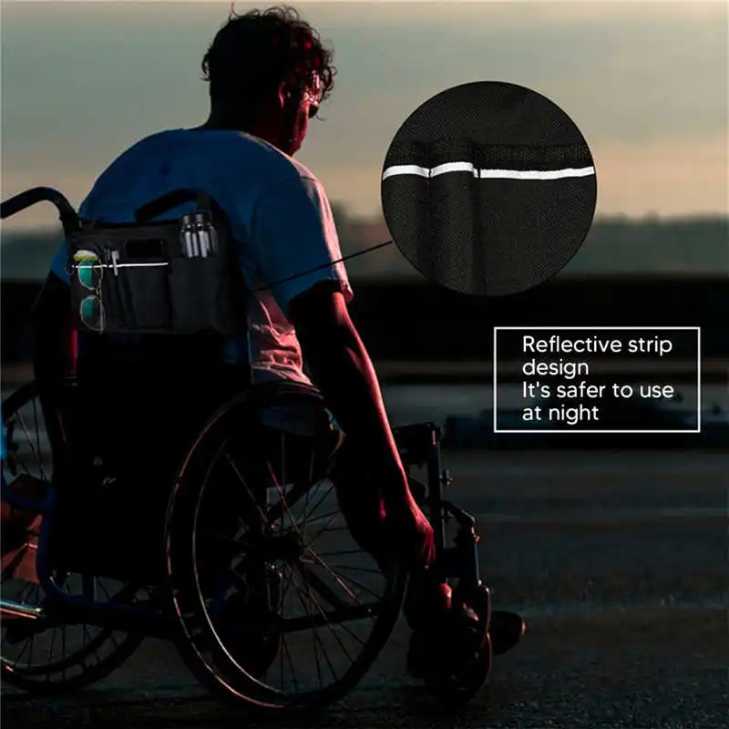 Wheelchair Armrest Side Storage Bag Waterproof Portable Pocket with Reflective Strip for Seniors Elderly Wheelchair Accessories 6