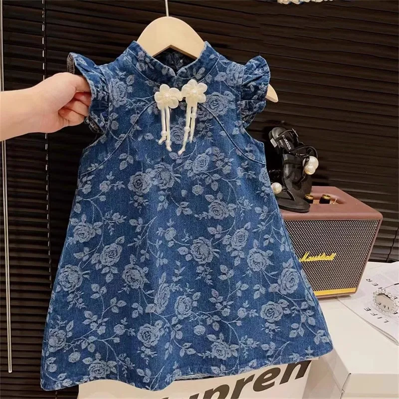 

Summer New Girl Chinese Style Cheongsam Flower Jacquard Chinese Knot Button Flying Sleeves Princess Dress