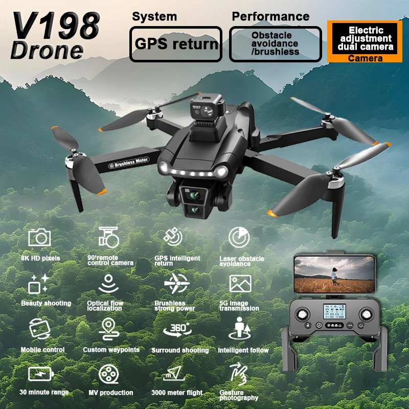 Drone Quadcopter V198GPS 8K Profesional HD Camera ESC Brushless Obstacle Avoidance Aerial Optical Foldable Mini