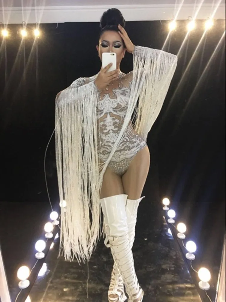 Female Jumpsuit Crystals Fringe Tassels Sleeve Stones Bodysuit For Singer Dancer Nightclub Stage Party