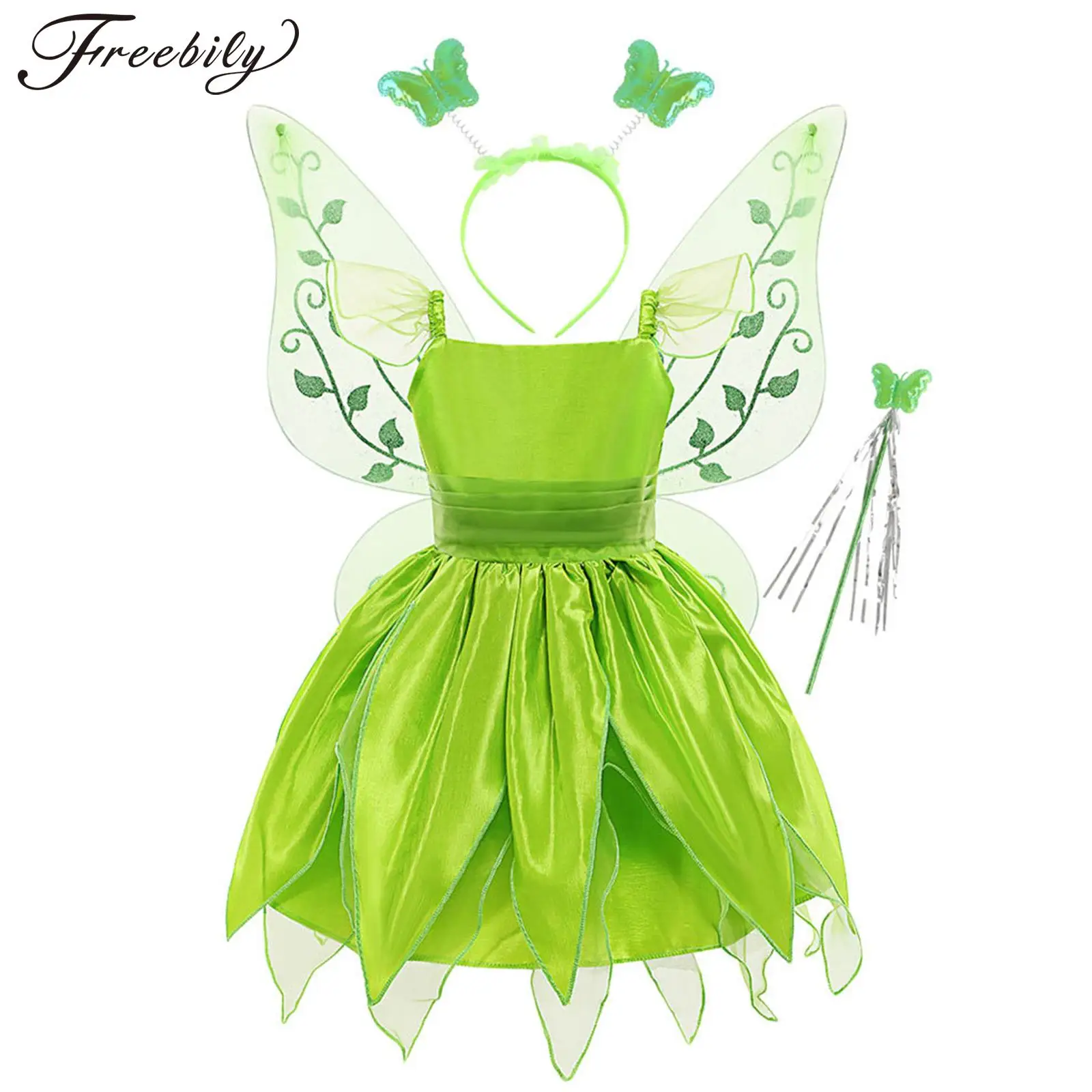 

Kids Girls Fairy Elf Princess Dress Flutter Sleeve Tutu with Hair Hoop Wand Wings Halloween Theme Party Dress Up Cosplay Costume