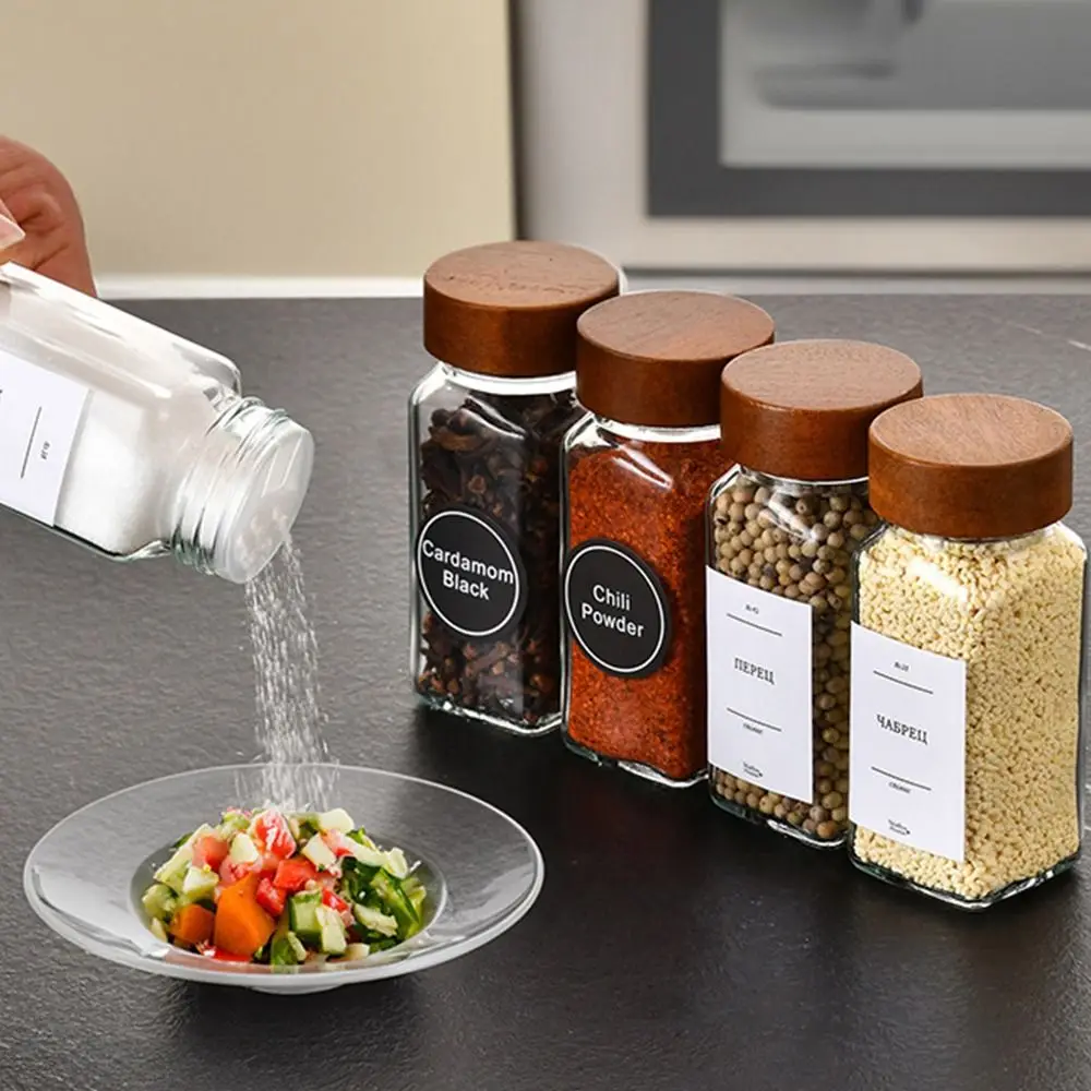 Dispensing Bottles Glass Sealed Spice Jars Storage Tool Acacia Wood Lids Square Spice Jar Transparent Storage Tank