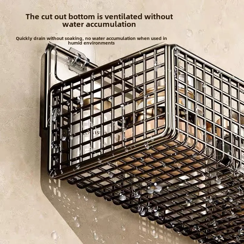 Non Perforated Bathroom Shelf Storage Basket with Hooks for Wall Storage Toiletries Shampoo and Shower Gel Storage 4