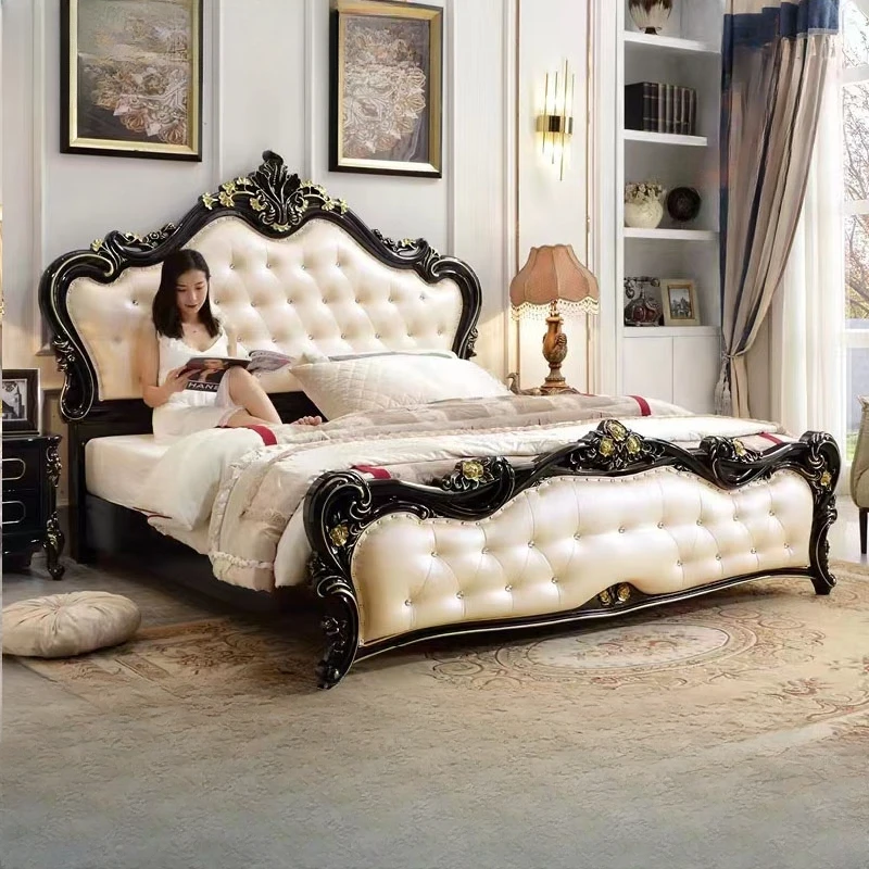 

European Castle Girl Double Bed Luxury Leather White Wooden King Size Twin Bed Bedroom Modern Design Camas Bedroom Furniture