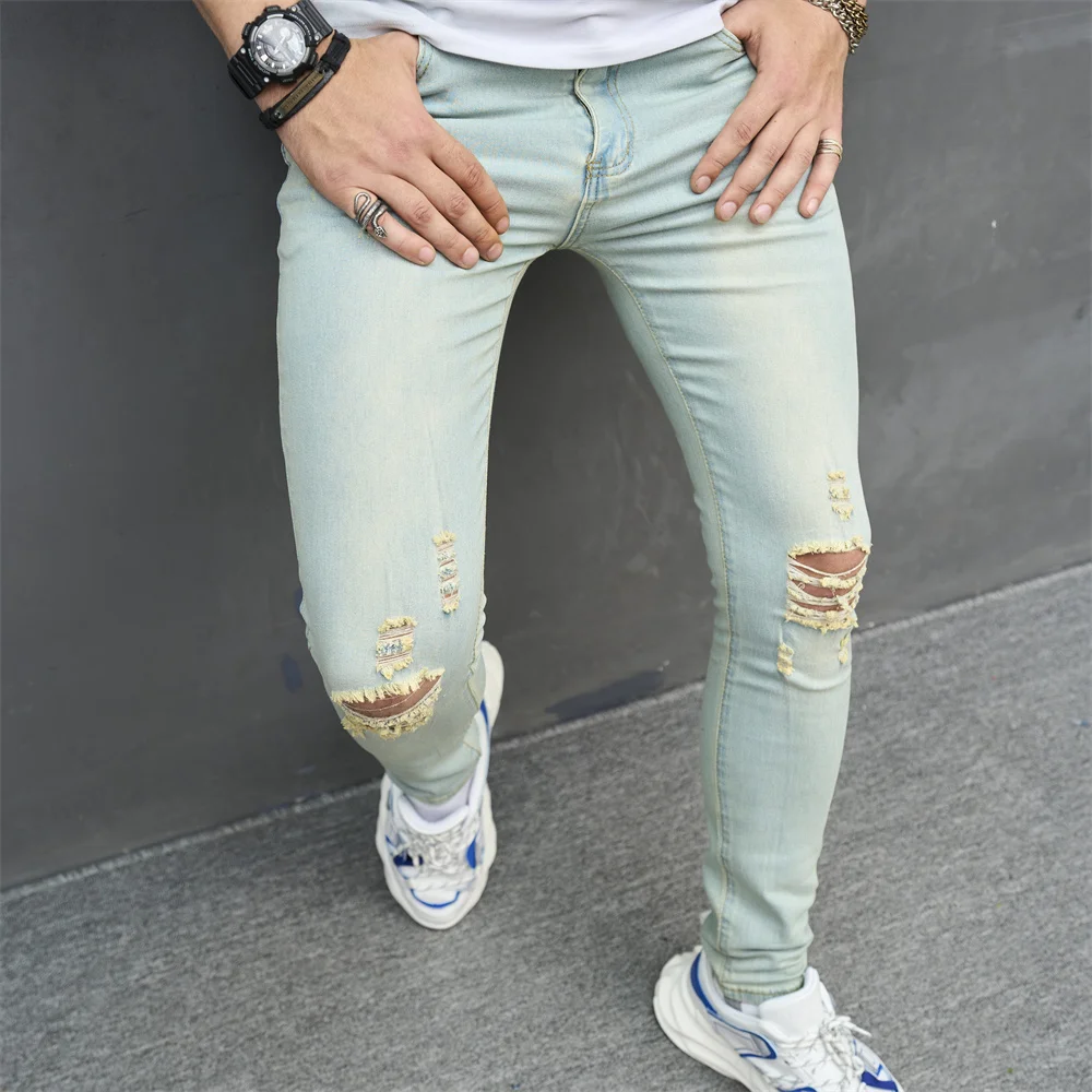 Men Vintage Holes Solid Stretch Skinny Jeans Trousers Stylish Ripped Male Cotton Jogging Slim Casual Denim Pants