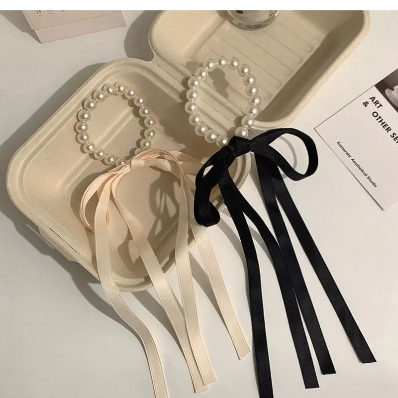 Elegant Pearl Ribbon Hair Rope Bow Knot Hair Ties Headwear Japanese Korean Ponytail Elastic Leather Band Simple Hair Accessories