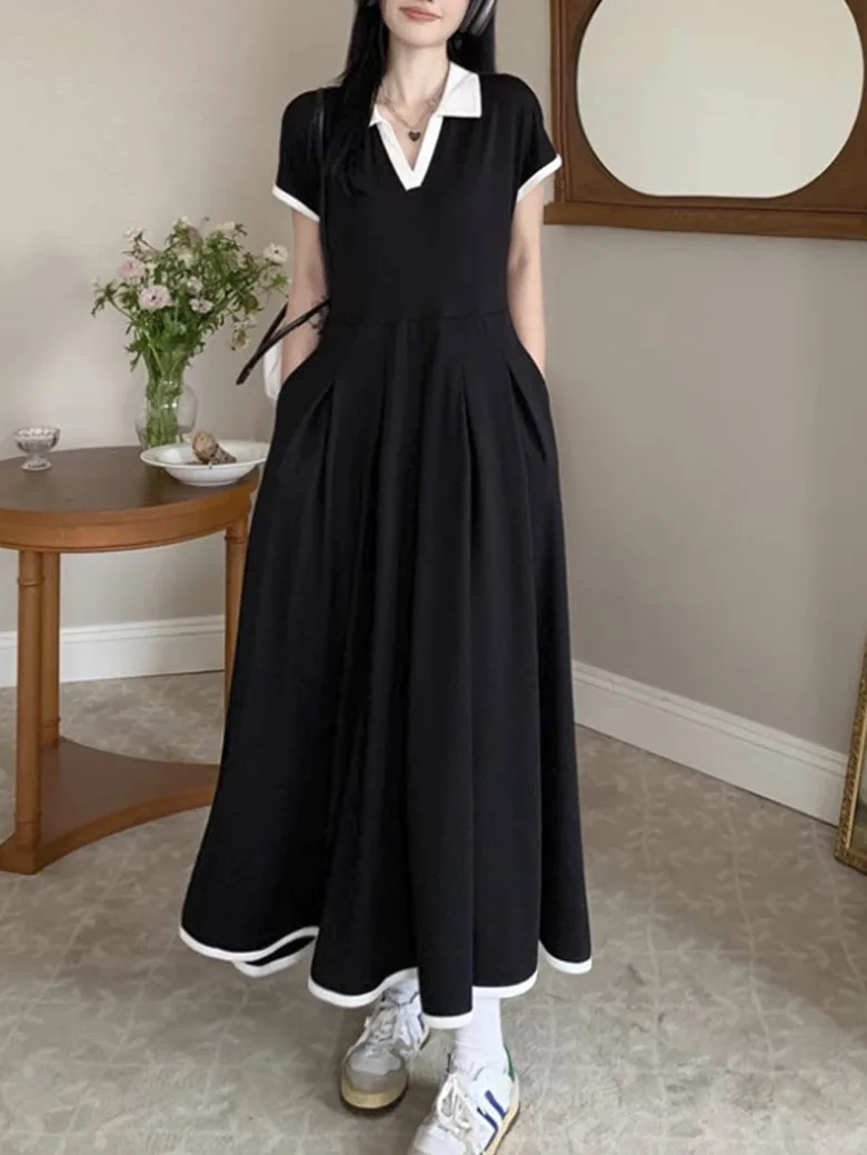 

Summer Maxi Dresses for Women French Fashion Elegant Dress V-neck Short Sleeve Office Lady Long Dress