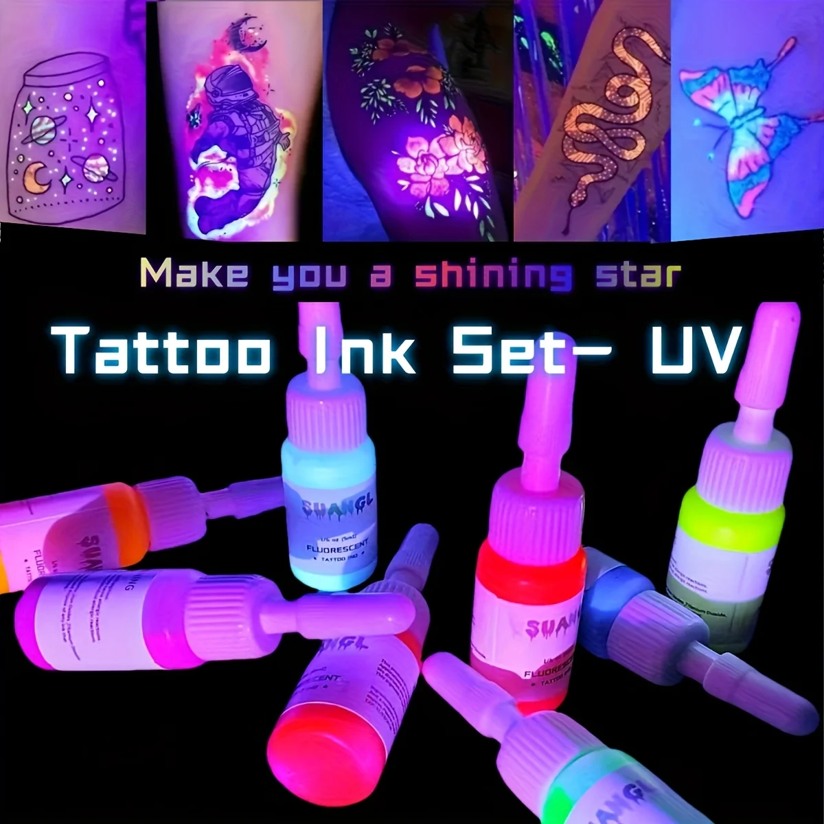 Bottiglie di inchiostro fluorescente per tatuaggi da 0,17 once, 8 colori, set di pigmenti resistenti, non tossici, inodori e delicati sulla pelle, per lavori di tatuaggio artistico sul corpo