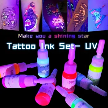 Bottiglie di inchiostro fluorescente per tatuaggi da 0,17 once, 8 colori, set di pigmenti resistenti, non tossici, inodori e delicati sulla pelle, per lavori di tatuaggio artistico sul corpo