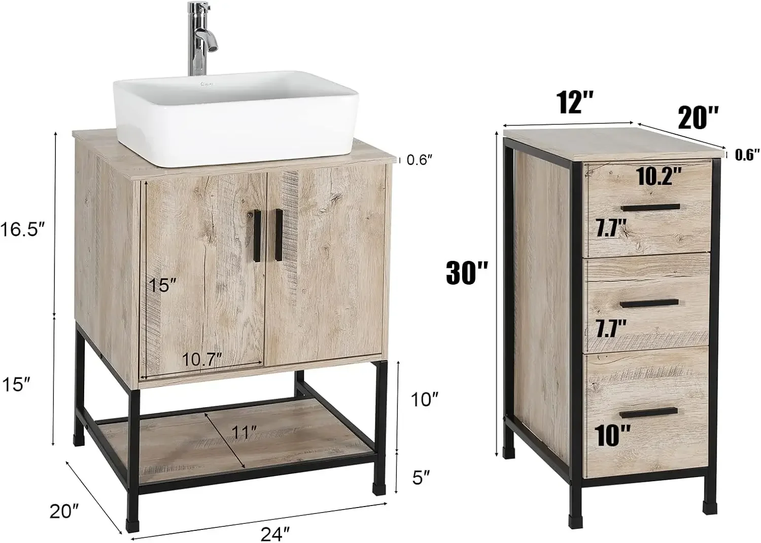 36" Bathroom Vanity Sink Combo Modern Metal Stand Cabinet W/Bottom Shelf & Storage Side Cabinet White Rectangle Vessel Sink 2
