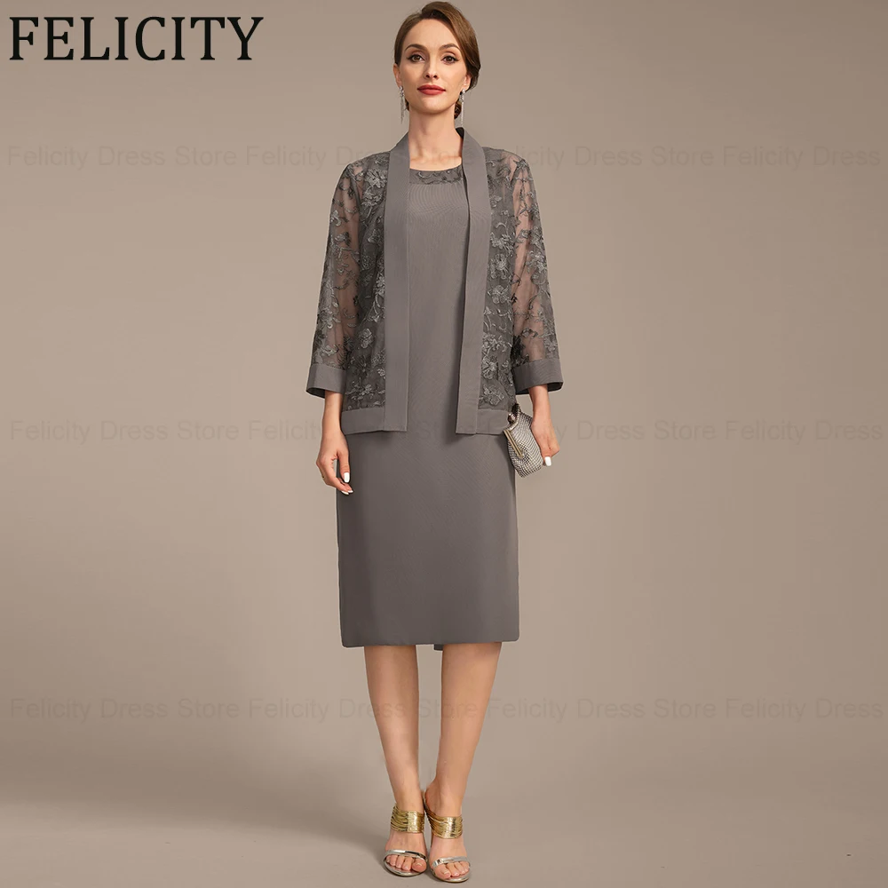 

FELICITY Elegant 2 Piece Mother of the Bride Dresses 2024 Sheath Scoop Wedding Guest Dresses Lace Knee-Length Short Evening Gown