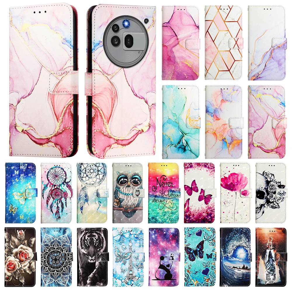 Cute Painted Leather Flip Case - Wallet Stand Cover with Card Holder and Strap