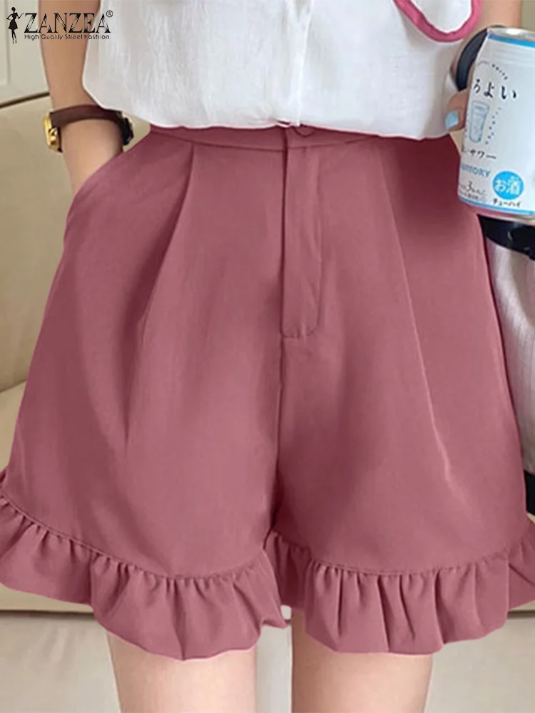 

2023 ZANZEA Women Summer Shorts Fashion High Waist Solid Shorts Femme Ruffles Hem Pocket Short Beach Holiday Causal Hot Pants