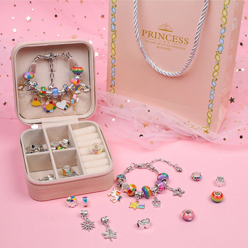 

Fit Pandora Rainbow Ocean Charms Bracelet Set for Women Jewelry Accessories Pink Zipper Box Color Fine Beads DIY Kids Girls Gift