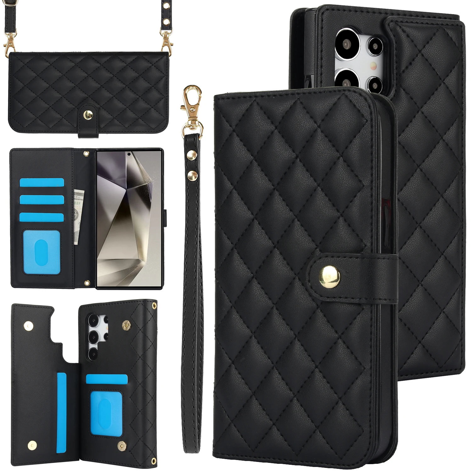 Crossbody Zipper Card Slot Leather Wallet Case with Lanyard Cover