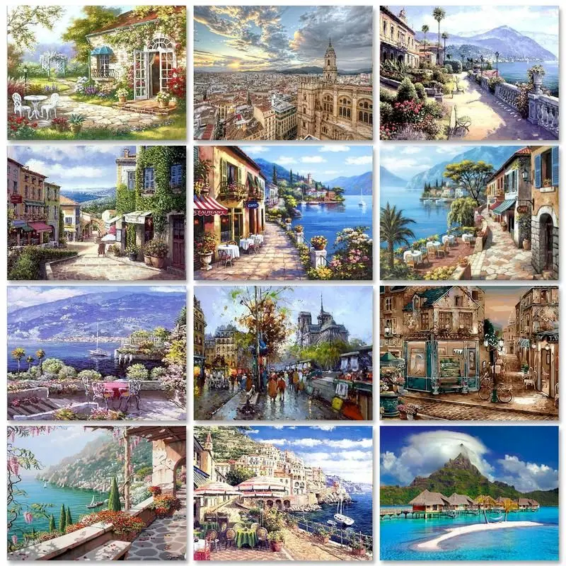 GATYZTORY Seaside Town Painting Handpainted Pictures By Numbers Classic Decorative Paintings Landscape Paint Acrylic Paint Perso