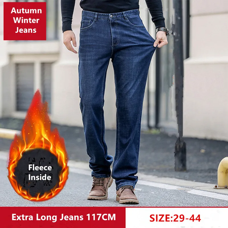Fleece Jeans For Men Winter Black Denim Tall 117CM Extra Long Plus Size 44 42 Slim Warm Straight Stretched Pants Large Trousers