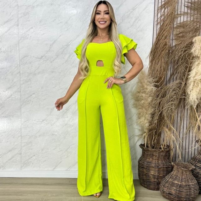 Fashion Women Jumpsuit Summer Autumn New Solid Elegant Square Collar Slim Fit Wide Leg Jumpsuit High Waist Trousers Long Pants