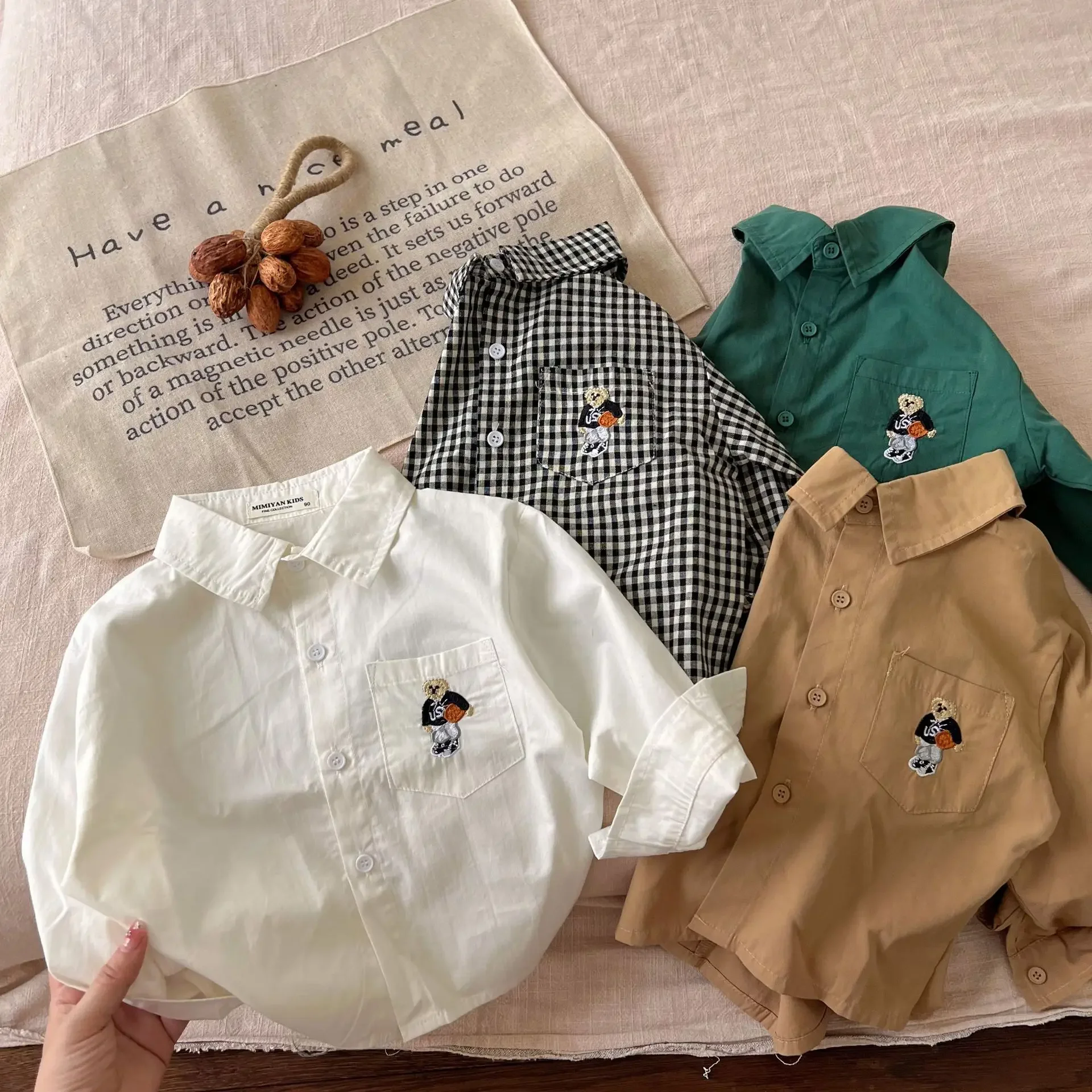 Korean Bear Shirt Baby Embroidery Grid Top Toddler Children's Clothes Autumn Boys Girls Camisa Blouse Clothes Infantil Menina kids shirts