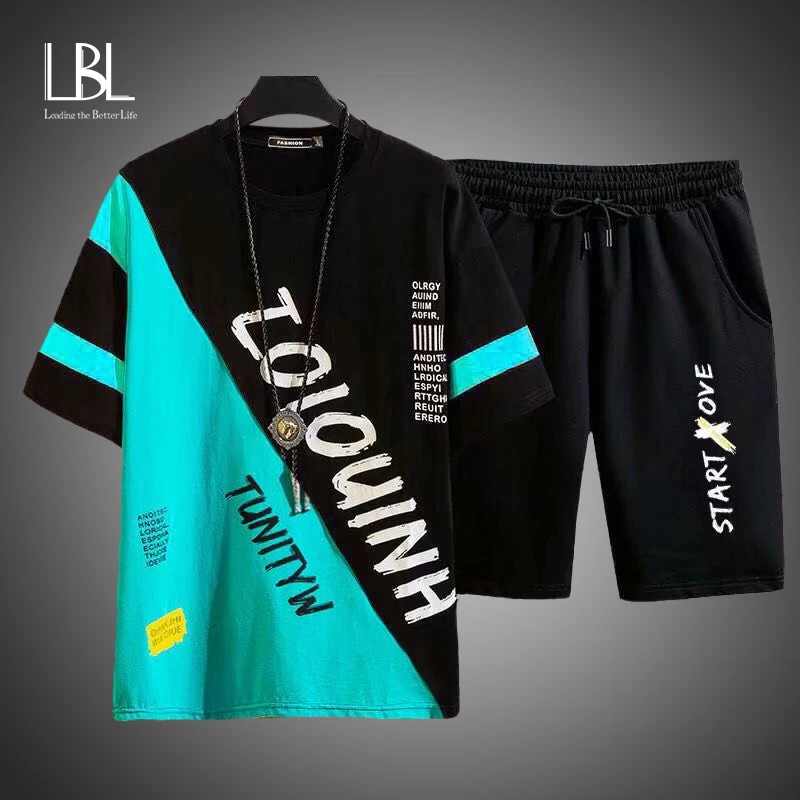 

Summer Mens Patchwork Tshirts + Shorts Suit 2023 Male Breathable 2PC Tracksuits Top Tess Shorts Sets Fitness Sportsuits Set Men