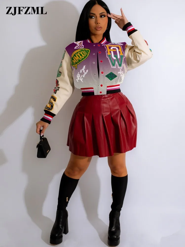 

Gradient Letter Printing Slim Fit Baseball Jackets Trendy Casual Outfits For Girls Snap Button Closure Short Coats Streetwear