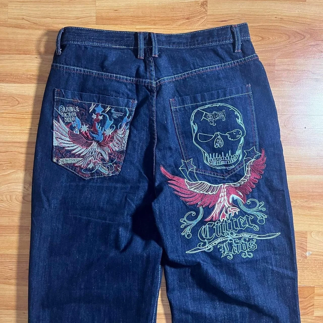 Men's Streetwear Hiphop Baggy Wide Leg Jeans Vintage 90s Heavy Embroidery Skull Wing Oversized Denim Trousers