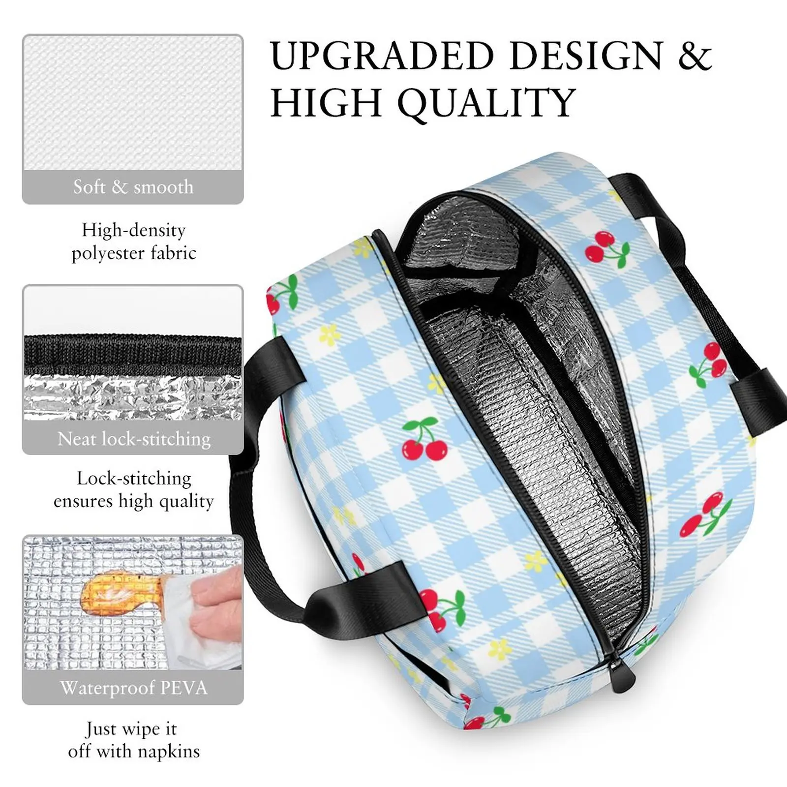 Custom Pattern Tote Lunch Bags for Women Blue White Checkered Portable Meal Bag Picnic Travel Breakfast Box Office Work School