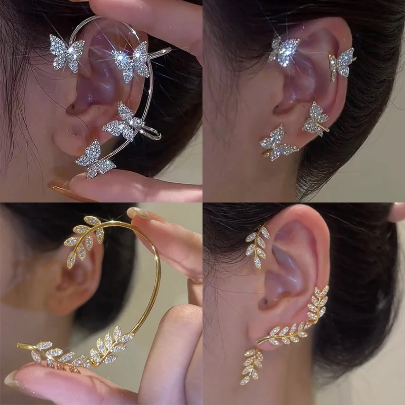  Silver Plated Metal Leaf Butterfly Clip Earrings for Women Ear Clips Without Piercing Sparkling Zircon Ear Cuff Fashion Jewelry 