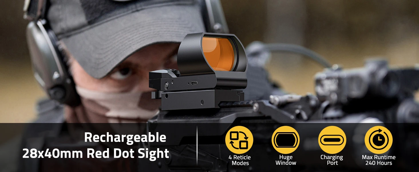 Description Picture 2 of item1x28x40mm Red Dot Sight Outdoor Hunting Optics Riflescope USB Rechargeable Reflex Sight Air Rifle Scope for 20mm Picatinny Rail