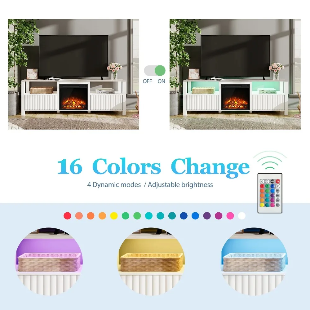 Modern LED Fireplace TV Stand for 75 Inch TV & 16 Color LED Light, Entertainment Center with Storage Cabinet, White Fireplace TV 2