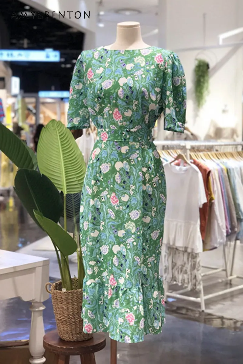 

Fashion Design Sense Niche Floral Dress 2023 Summer New Short Sleeve Lace-up Fishtail Sheath Printed Mid-length Dress