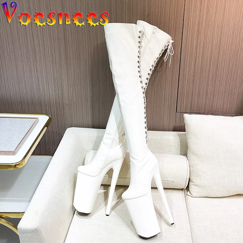 LAIGZEM Botas Altas Para Mujer, Zapatos De Plataforma Con Punta Redonda, Tacones Gruesos Hologr Ficos Con