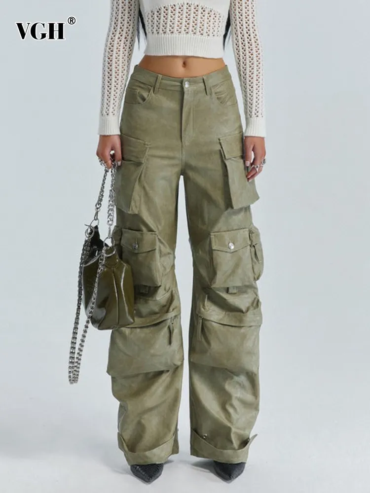 

VGH Solid Patchwork Pocket Streetwear Cargo Pant For Women High Waist Spliced Zipper Full Length Leather Trousers Female Fashion