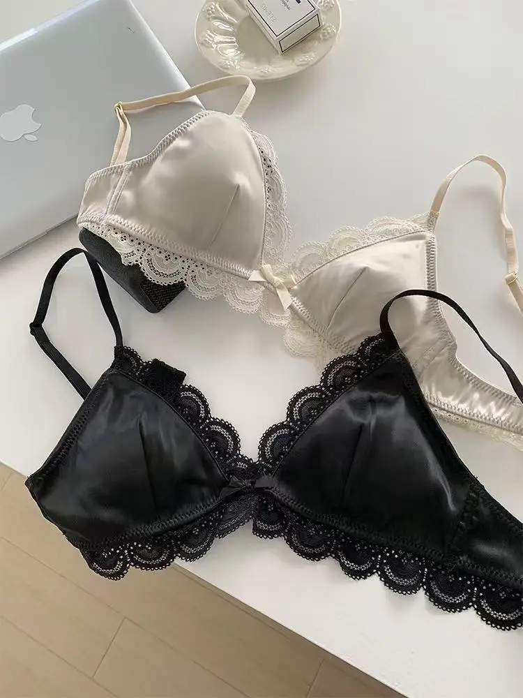 Korean Style Triangle Cup Push Up Lace Bow Bra image 2