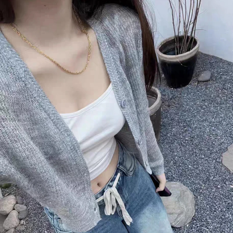 

Deeptown Harajuku Cropped Slim Knitted Cardigan Korean Fashion Button Sweater Women Kpop Gyaru Knitwear Aesthetic Grunge Y2k