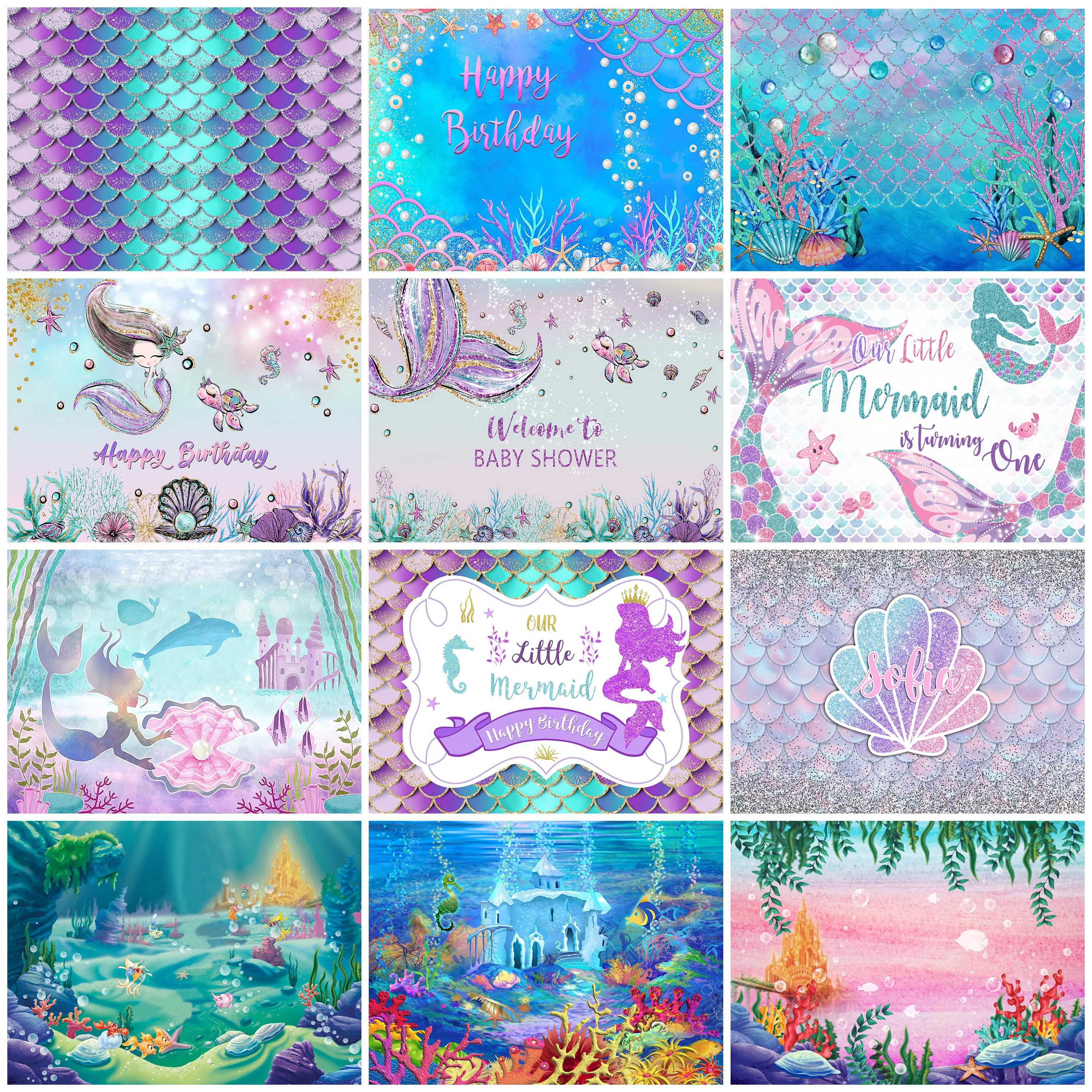 

Glitter Mermaid Photography Background Underwater Castle Newborn Birthday Party Decoration Cake Smash Photo Backdrop Photo Props