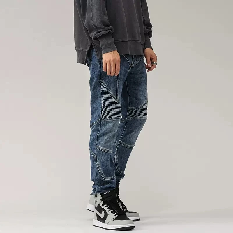 High Street Fashion Men Jeans Retro Blue Elastic Stretch Slim Fit Biker Jeans Men Spliced Designer Hip Hop Denim Pants Hombre