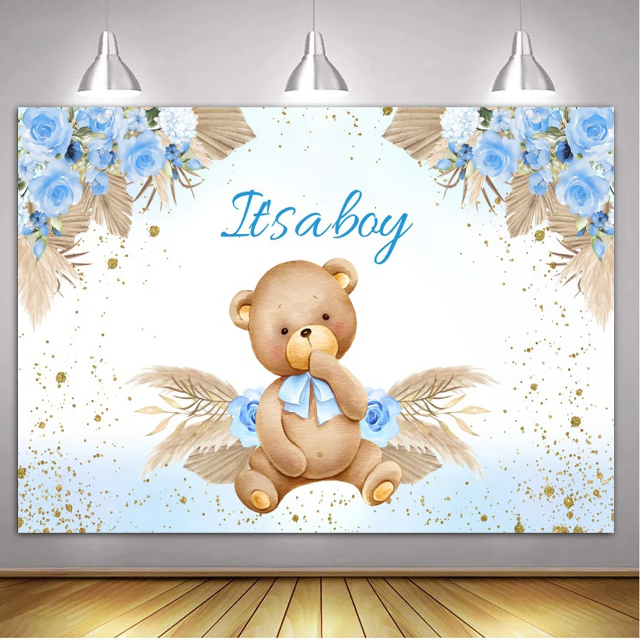 Teddy Bear Baby Shower Backdrop with Floral and Balloon Decor for Photography and Kid's Birthday Parties