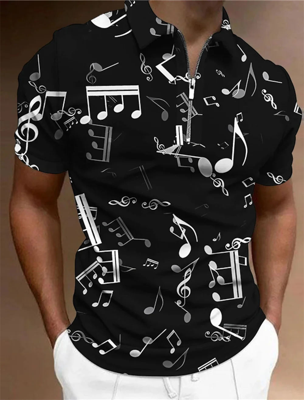 BEAUDRM Men's Graphic Short Sleeve Zip-Up Collared Shirt - Casual T-Shirt With Zipper, Breathable Fabric, Streetwear Style For Outdoor & Daily Wear - View #3