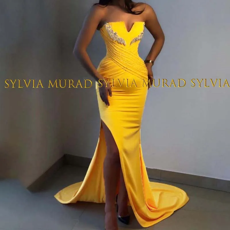 

Gold Yellow Mermaid Evening Dress With Beaded Appliques Side Split Strapless Trumpet Long Sweep Train Propm Dresses Party Gown