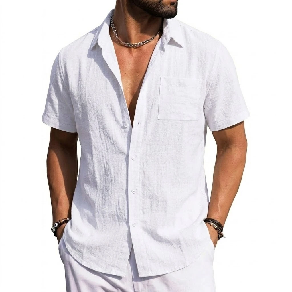 Short Sleeve Linen Shirts Premium Button-Down Beach Wedding Breathable 3