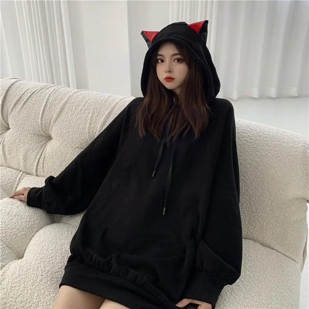 

Cat Ears Pullover Hoodie Women Black Kawaii Long Sleeve Autumn Winter Hooded Sweatshirt Gothic Streetwear Loose Casual Clothes