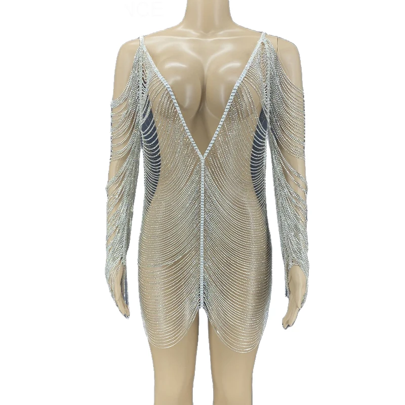 

Rhinestone Women Sexy Chain Short Dress Birthday Party Club Dance Costume
