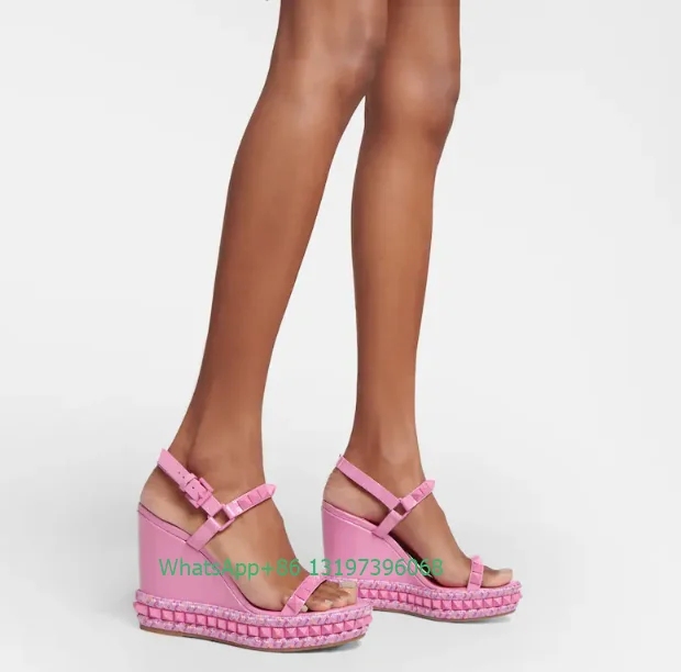 

Lady pink patent wedge spike embellishments straps sandals platform design open toe metal buckle high heels footwear size 42