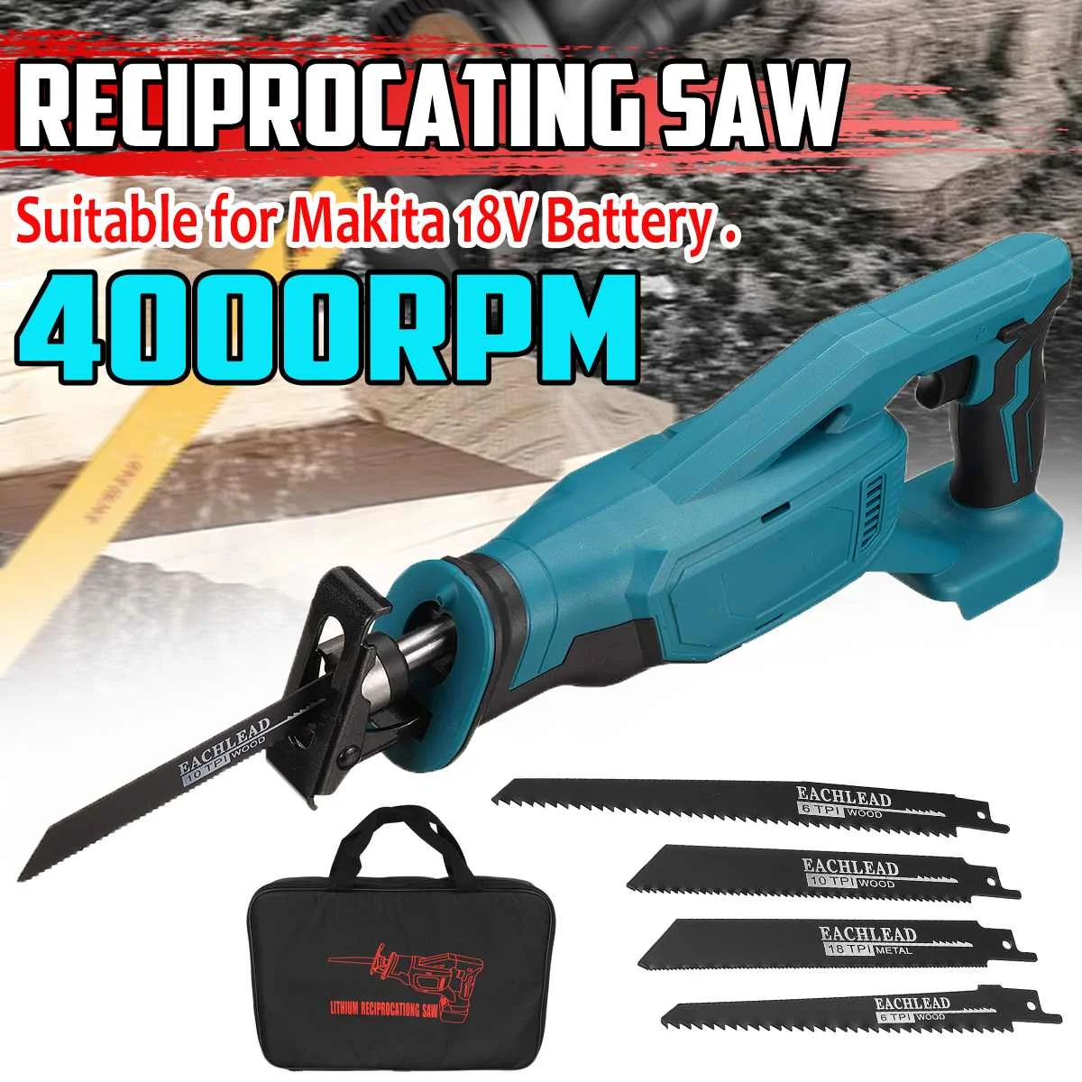 Cordless Electric Reciprocating Saw 18V with 4 Blades without Battery