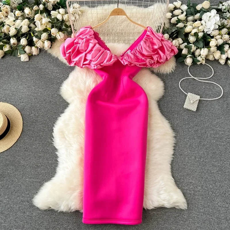 

Women Sexy High Waist Pleated Puff Sleeve V Neck Dress Vacation Vestidos Slim Women Party Ceremonial Dress