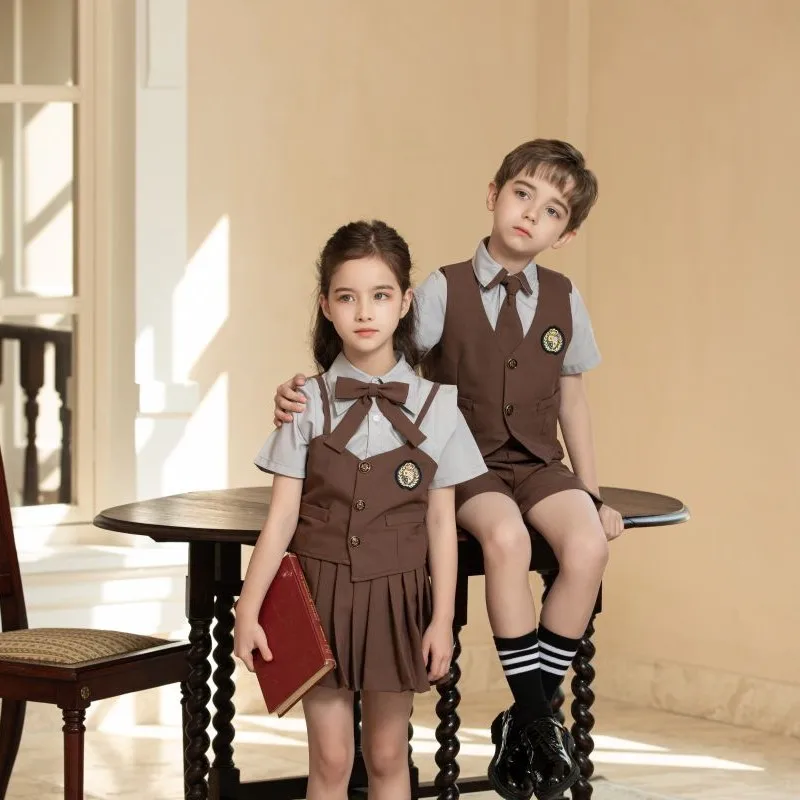 

Junior Kid's College Style Suit Boys' Vest British Style Short Sleeve Grils' Pleated Skirt 3Pcs Suit 3-12Y Japanese School